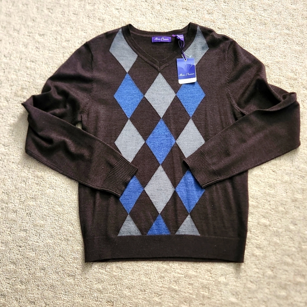 Alan Flusser Merino Wool Brown v neck Argyle Print Sweater NWT mens small golf